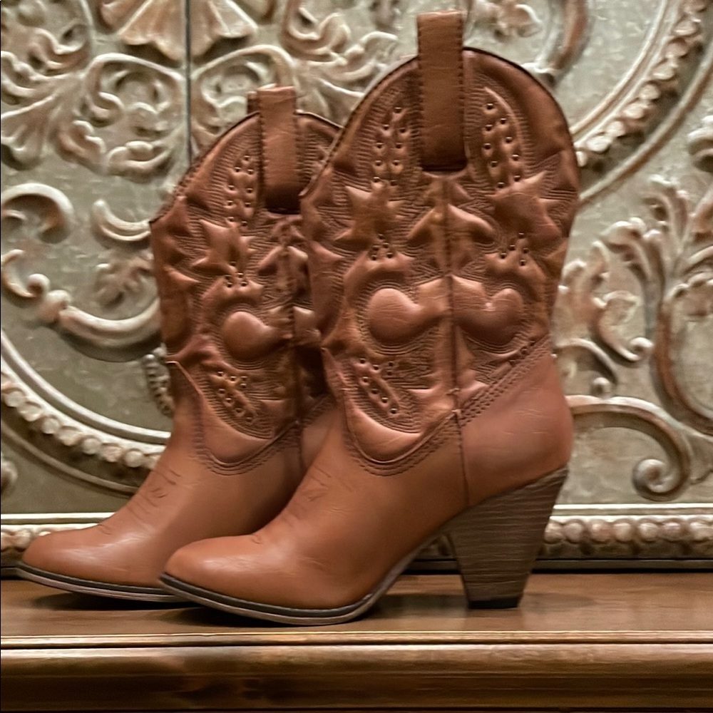 MIA Brown Heeled Boots with Western Flair